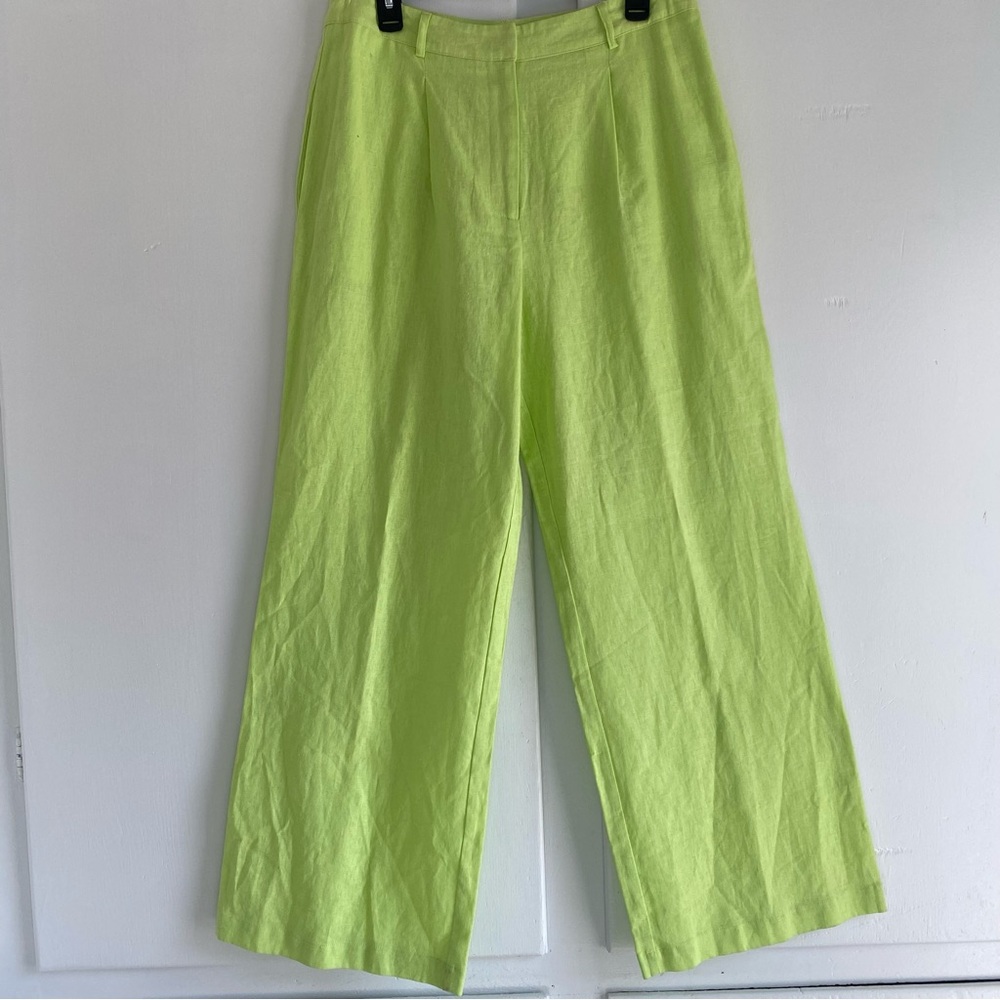 Linen Bright Green Bold Statement Wide-Leg Pants Slightly Cropped M